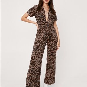 Deep V-Neck Jean Cheetah Jumpsuit